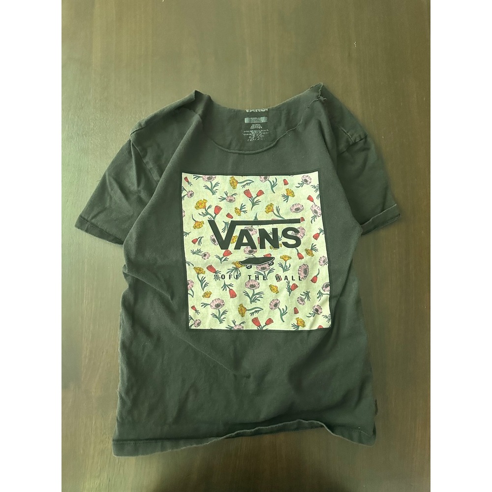 Vans Off The Wall Floral Box Logo Graphic Tee Black Raw Neck XS